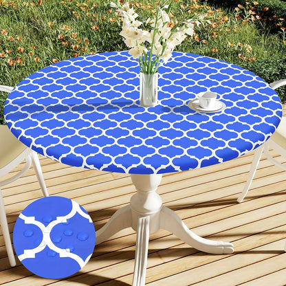 100% Vinyl Round Moroccan Tablecloth with Waterproof Oil-Proof Flannel Backing and Fitted Elasticized Edges for Outdoor, Indoor, Patio, Picnic, Camping Use