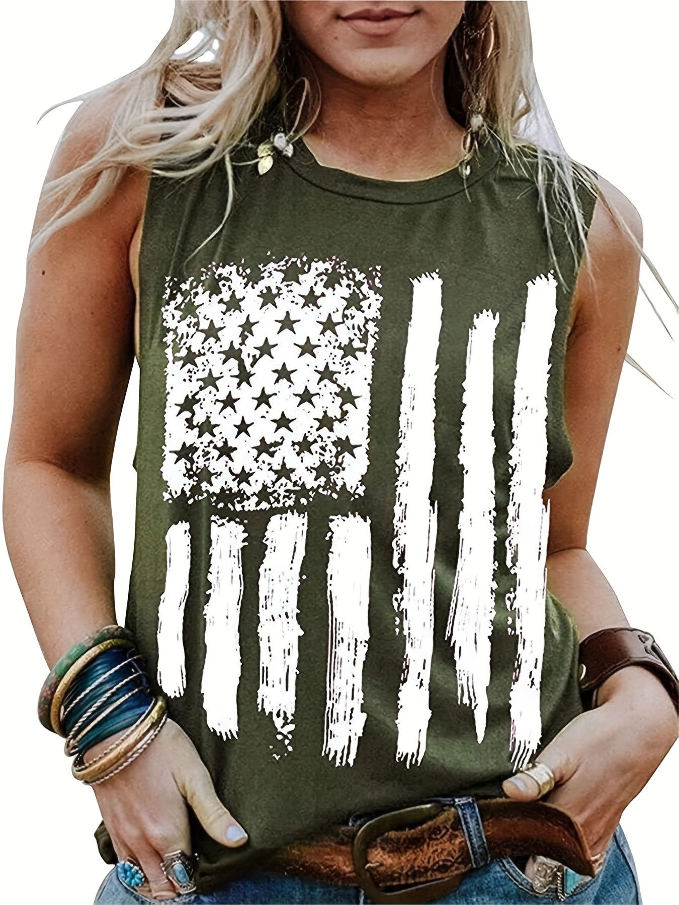 「lovevop」Flag Print Crew Neck Tank Top, Casual Sleeveless Tank Top For Summer, Women's Clothing
