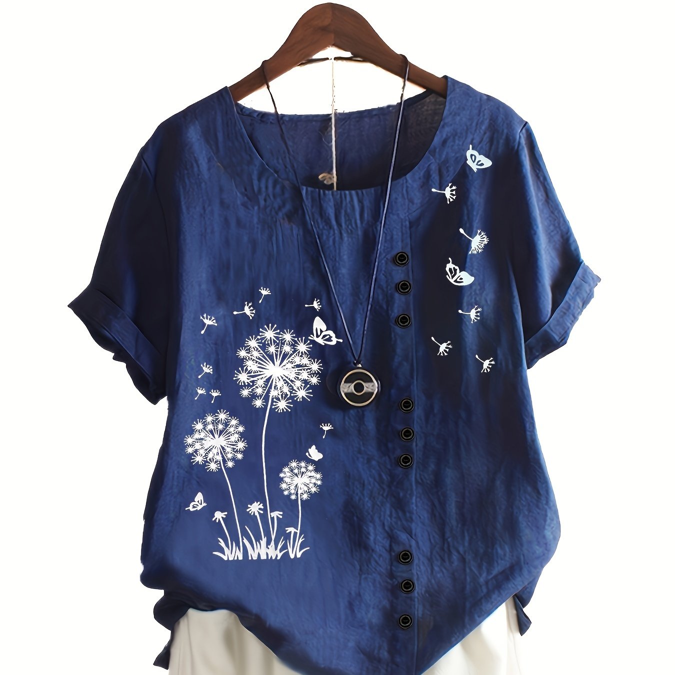 「lovevop」Dandelion Print Blouse, Casual Crew Neck Short Sleeve Blouse For Spring & Summer, Women's Clothing