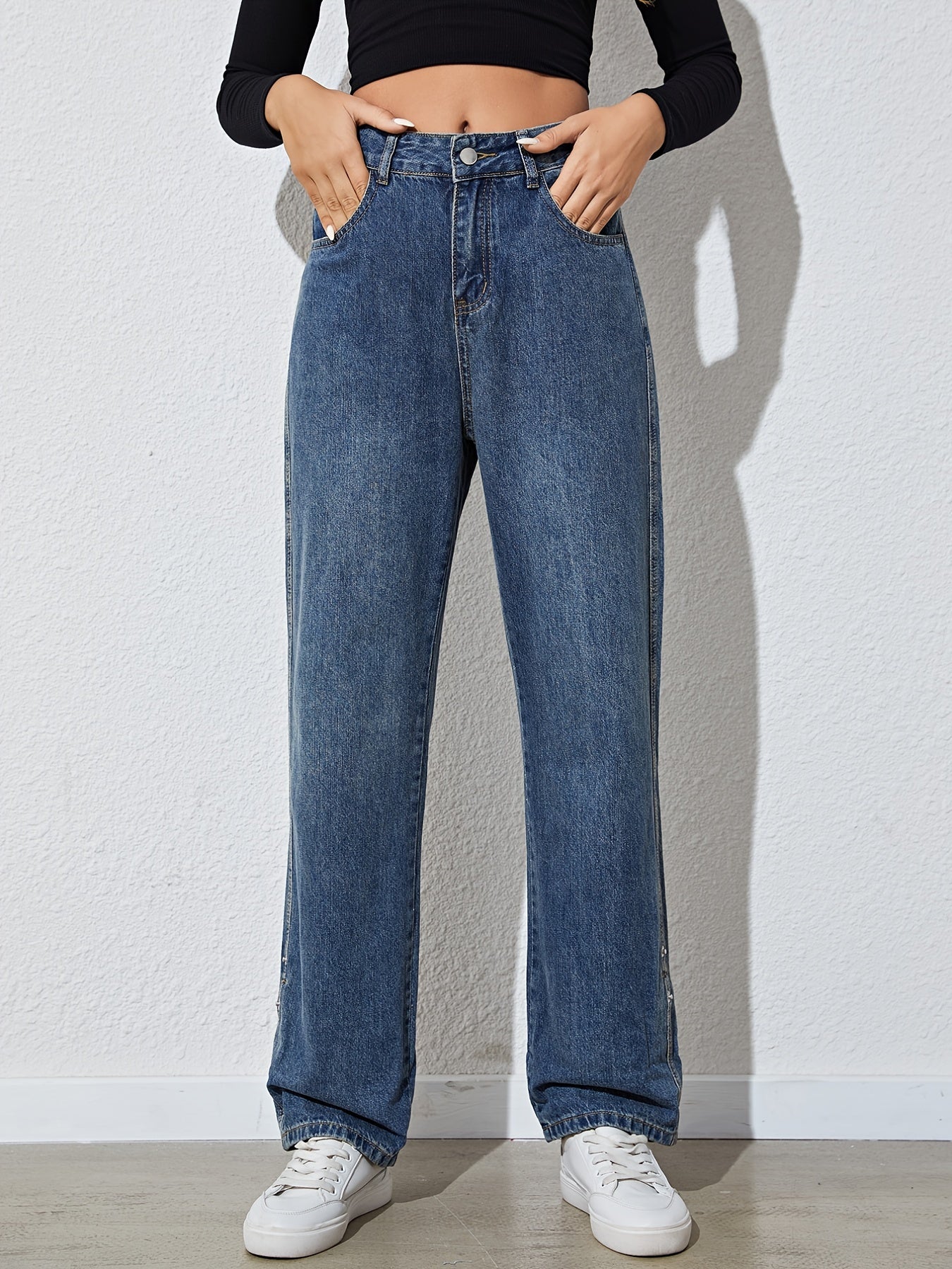 「lovevop」High Waist Plicated Hem Boyfriend Jeans, Casual Loose Draped Straight Leg Pants, Women's Denim & Clothing