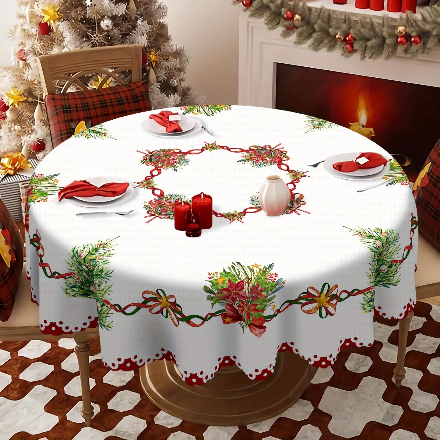 1pc Round Merry Christmas Tablecloth - Waterproof Stain Wrinkle Free Circle Tablecover for Indoor Outdoor Home Kitchen Dining Party Decoration - Farmhouse Reindeer Snowflakes Christmas Decor