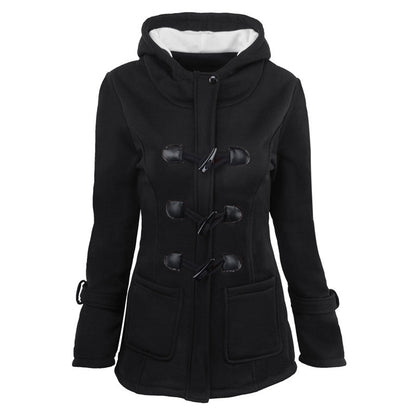 LOVEVOP explosion autumn and winter hooded blended horn leather buckle medium and long coat jacket cotton clothes women thickened