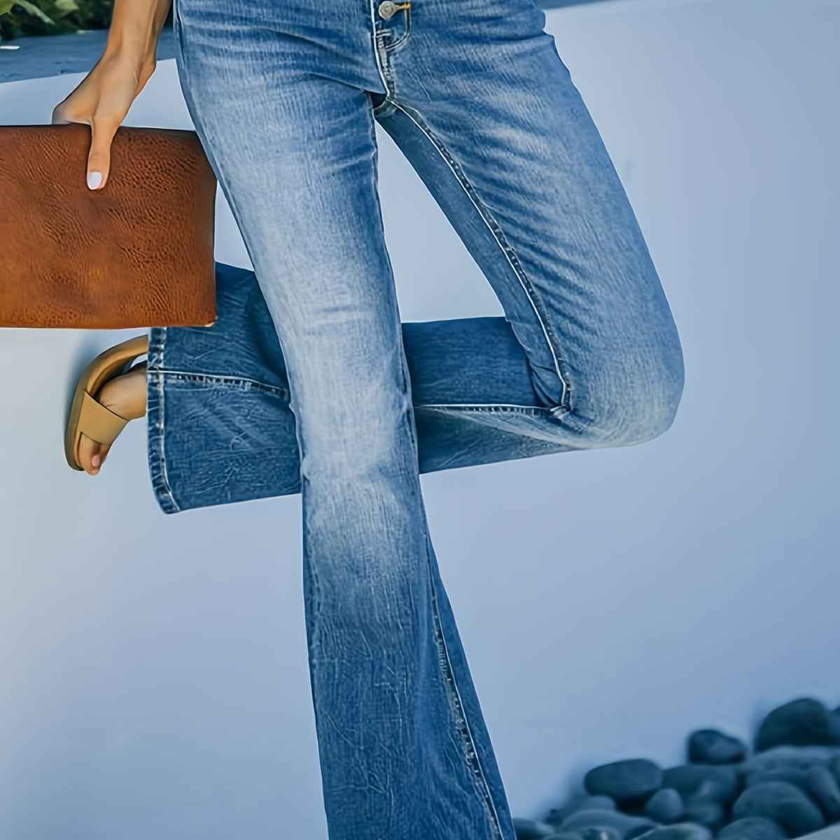 「lovevop」Blue High Waist Flared Jeans, Single-Breasted Button Bell Bottom Slight-Stretch Denim Pants, Women's Denim Jeans & Clothing