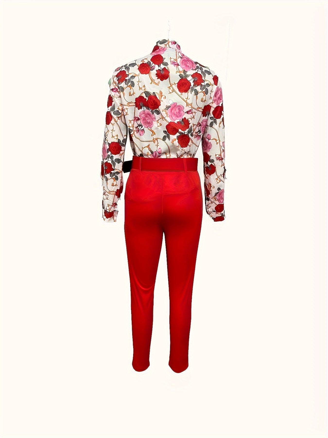 Two-Piece Elegant Outfit Set - Floral Print V-Neck Long Sleeve Blouse with Micro Elasticity and Solid Belted Tapered Pants - Polyester Knit Fabric, Random Printing, All Seasons, No Sheer