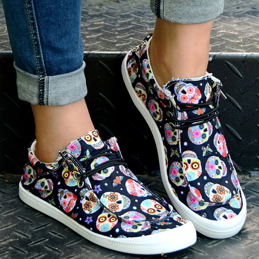 「lovevop」Women's Colorful Skull Print Canvas Shoes - Comfy Slip Ons for Everyday Style!