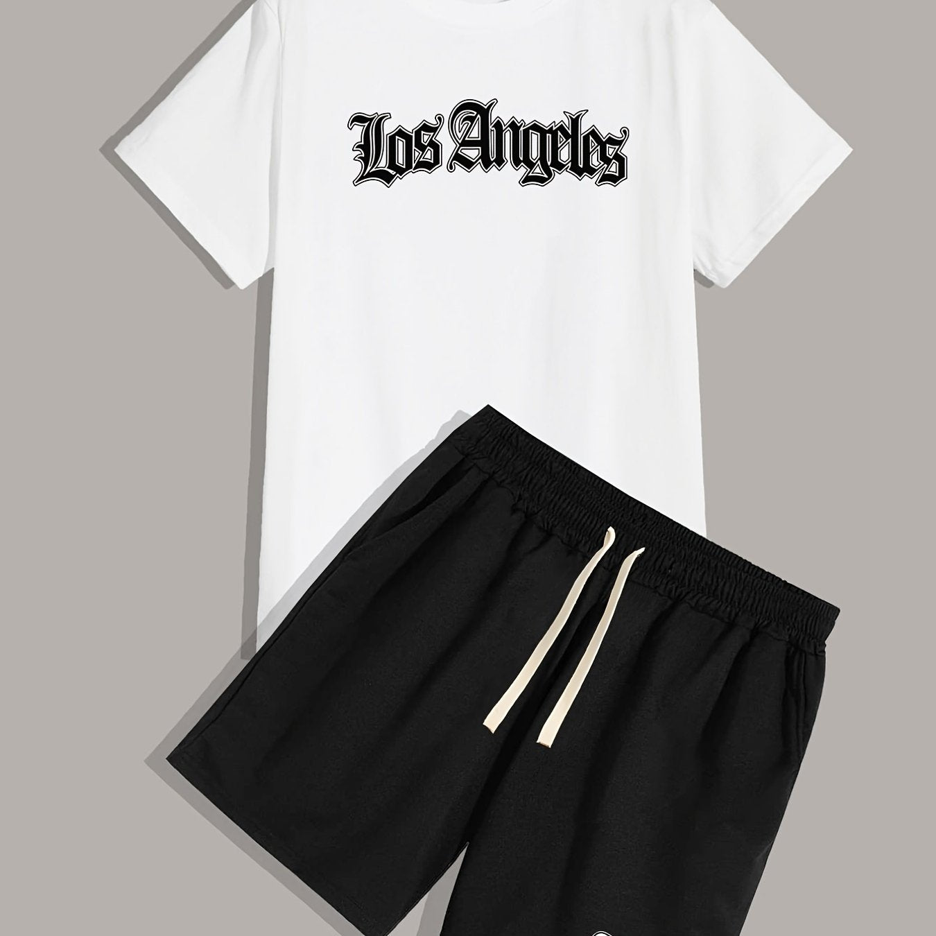 「lovevop」Los Angeles, Men's 2 Pieces Outfits, Round Neck Short Sleeve T-Shirt And Drawstring Shorts Set