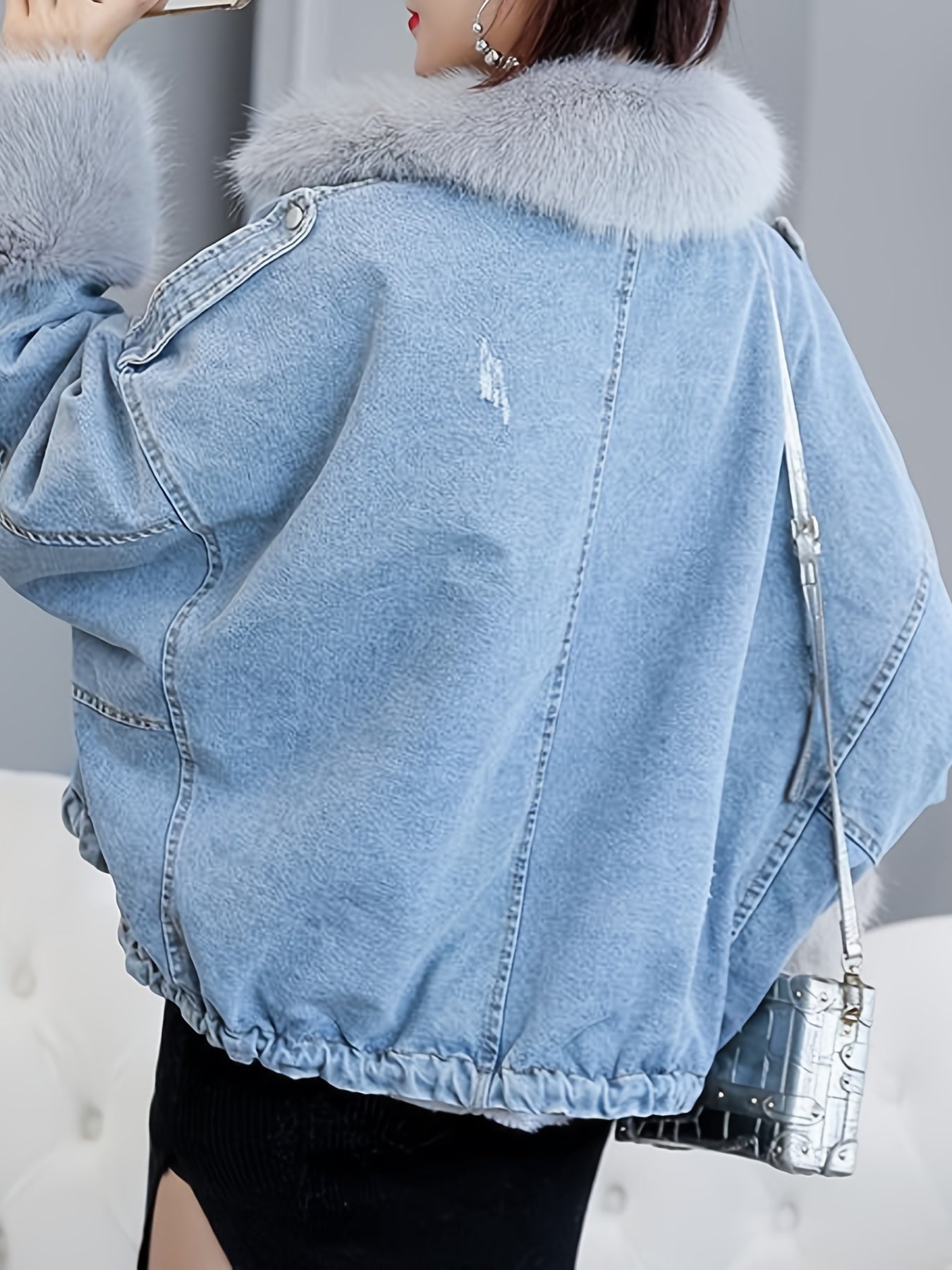 Lovevop-Fluffy Plush Collar & Cuffs Winter Warm Fur Fleece Coat, Extra Large Square Pockets Drawstring Hem Denim Jacket, Women's Denim Jackets