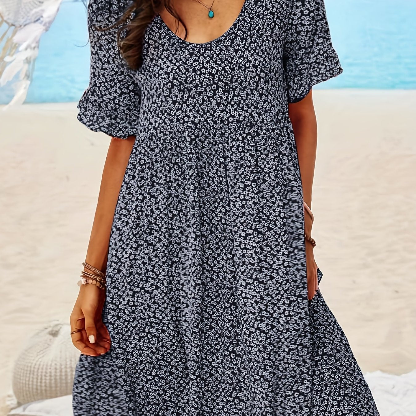 「lovevop」Ditsy Floral Print Boho Dress, Vacation Scoop Neck Short Sleeve Beach Summer Dress, Women's Clothing