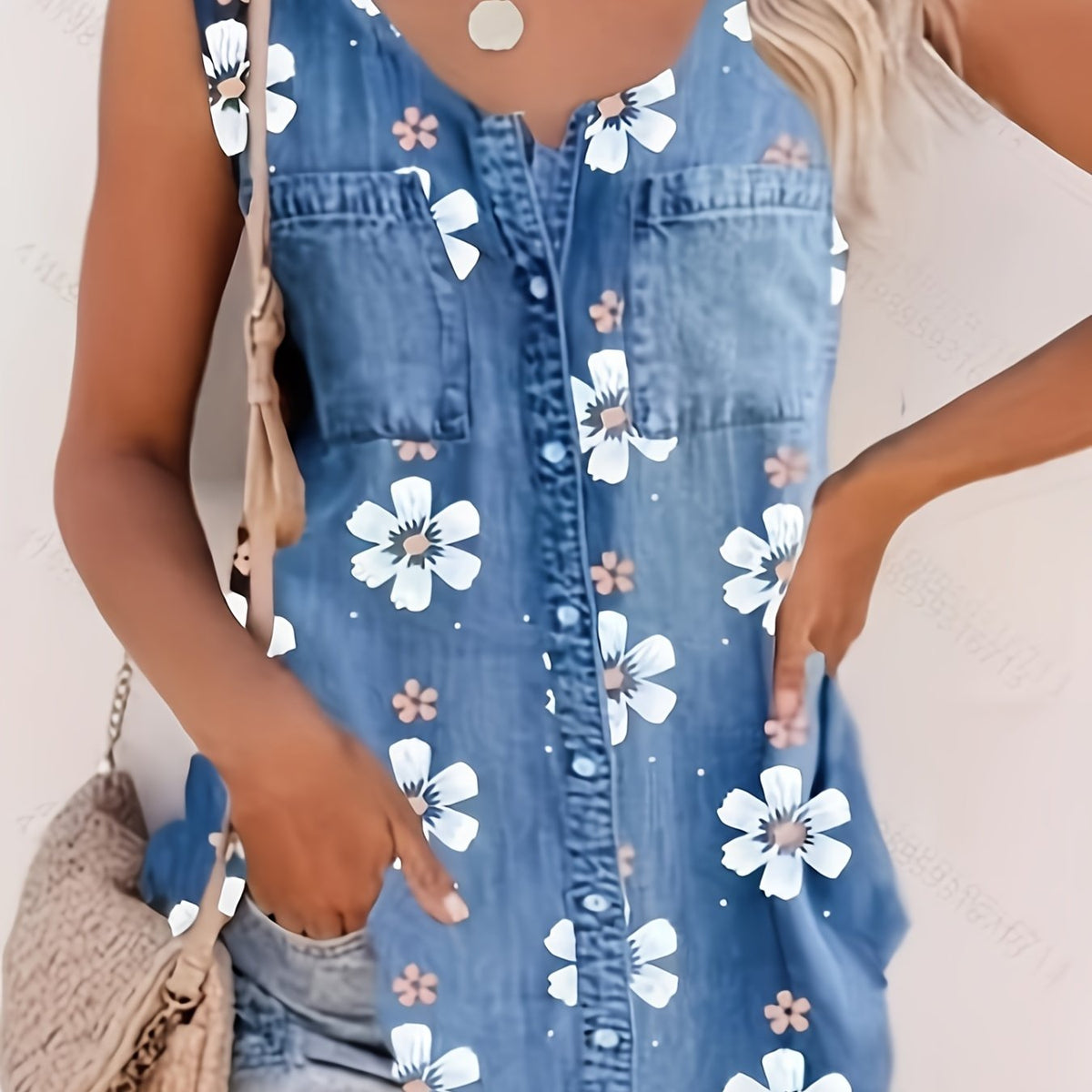 「lovevop」Denim & Flower Print Tank Top, Sleeveless Crew Neck Tank Top, Casual Every Day Tops, Women's Clothing