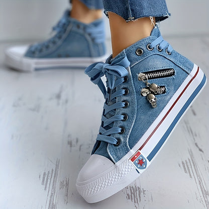 「lovevop」Women's Denim High Top Sneakers, Fashion Skull Zipper Decor Lace Up Shoes, Casual Walking Shoes