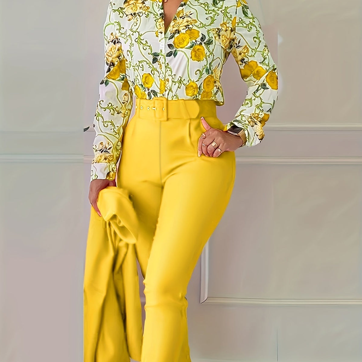 Two-Piece Elegant Outfit Set - Floral Print V-Neck Long Sleeve Blouse with Micro Elasticity and Solid Belted Tapered Pants - Polyester Knit Fabric, Random Printing, All Seasons, No Sheer