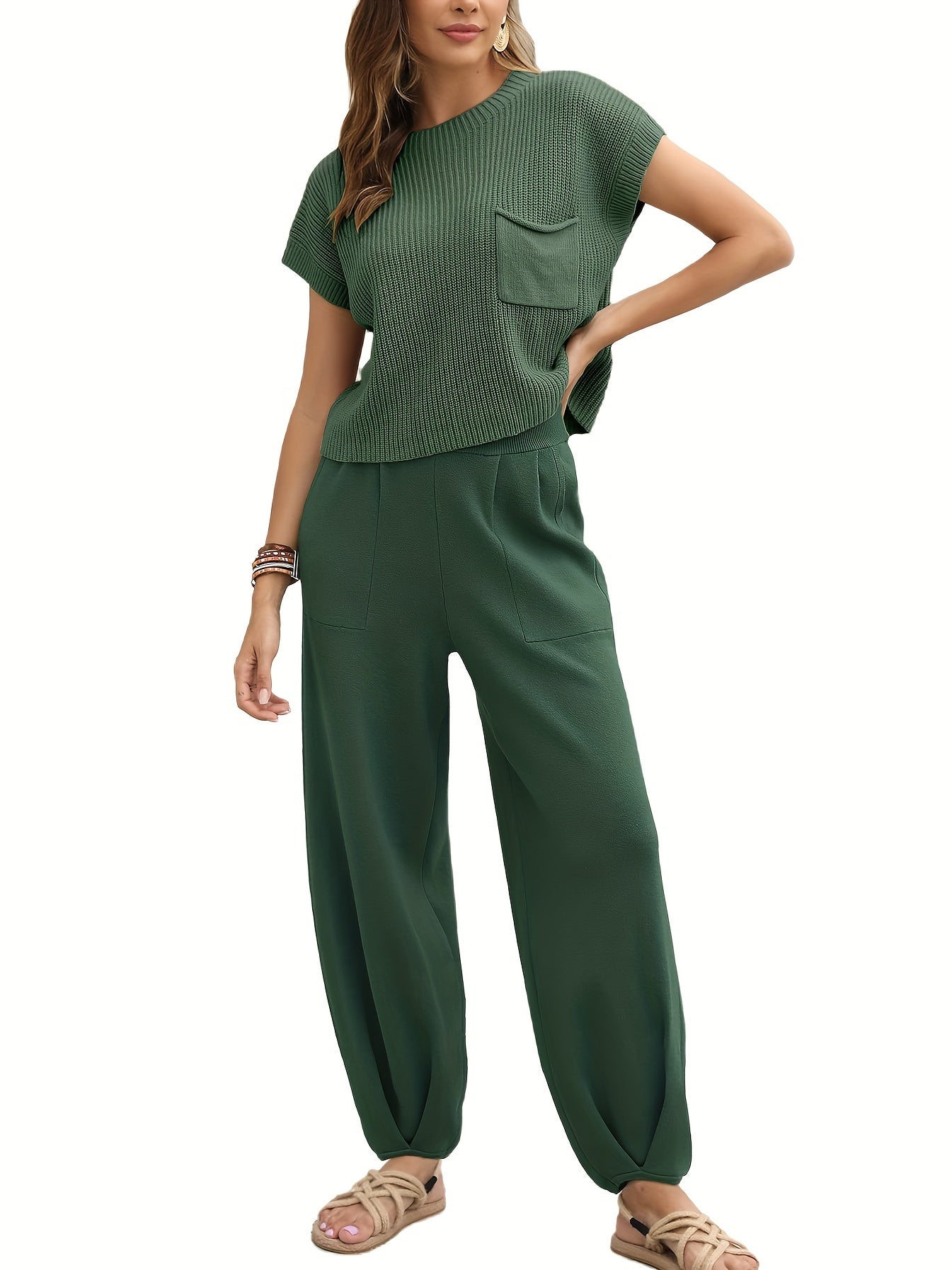 Two-Piece Jogger Pants Set - Soft, Elegant, Short Sleeve Pocket Knit Top & Loose Fit Pants Outfit - Comfortable, Versatile, and Chic Women's Clothing for Everyday Wear