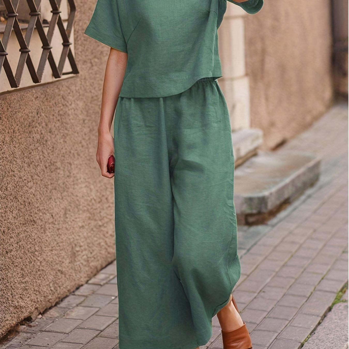 「lovevop」Women's Two-piece Set, Crew Neck Casual T-Shirt & Wide Leg Pants, Women's Clothing