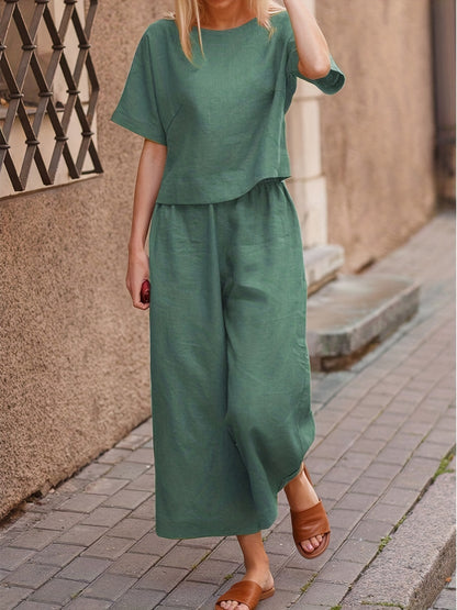 「lovevop」Women's Two-piece Set, Crew Neck Casual T-Shirt & Wide Leg Pants, Women's Clothing