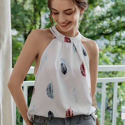 「lovevop」Feather Print Halter Neck Blouse, Elegant Sleeveless Blouse For Summer, Women's Clothing