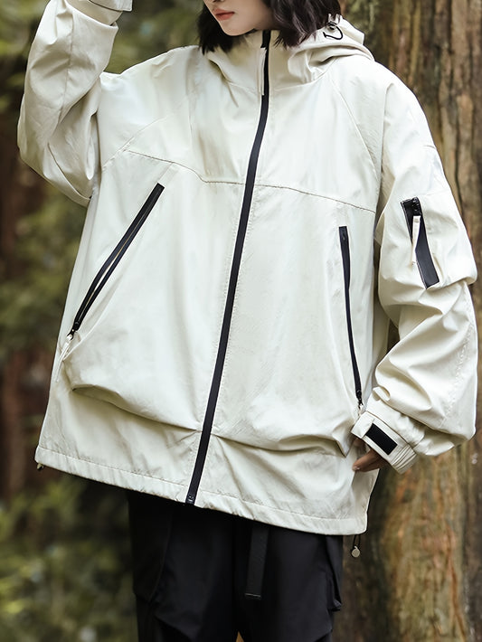 Women's Lightweight Rain Jacket, Spring/Fall Hooded Windbreaker, Polyester Blend, Non-Stretch Solid Color Sports Coat with Multi-Pocket Design for Hiking, Travel, Golf, Climbing, Fishing Outerwear