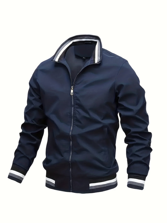 「lovevop」Stripe Edge Bomber Jacket, Men's Casual Stand Collar Zip Up Jacket For Spring Fall Outdoor