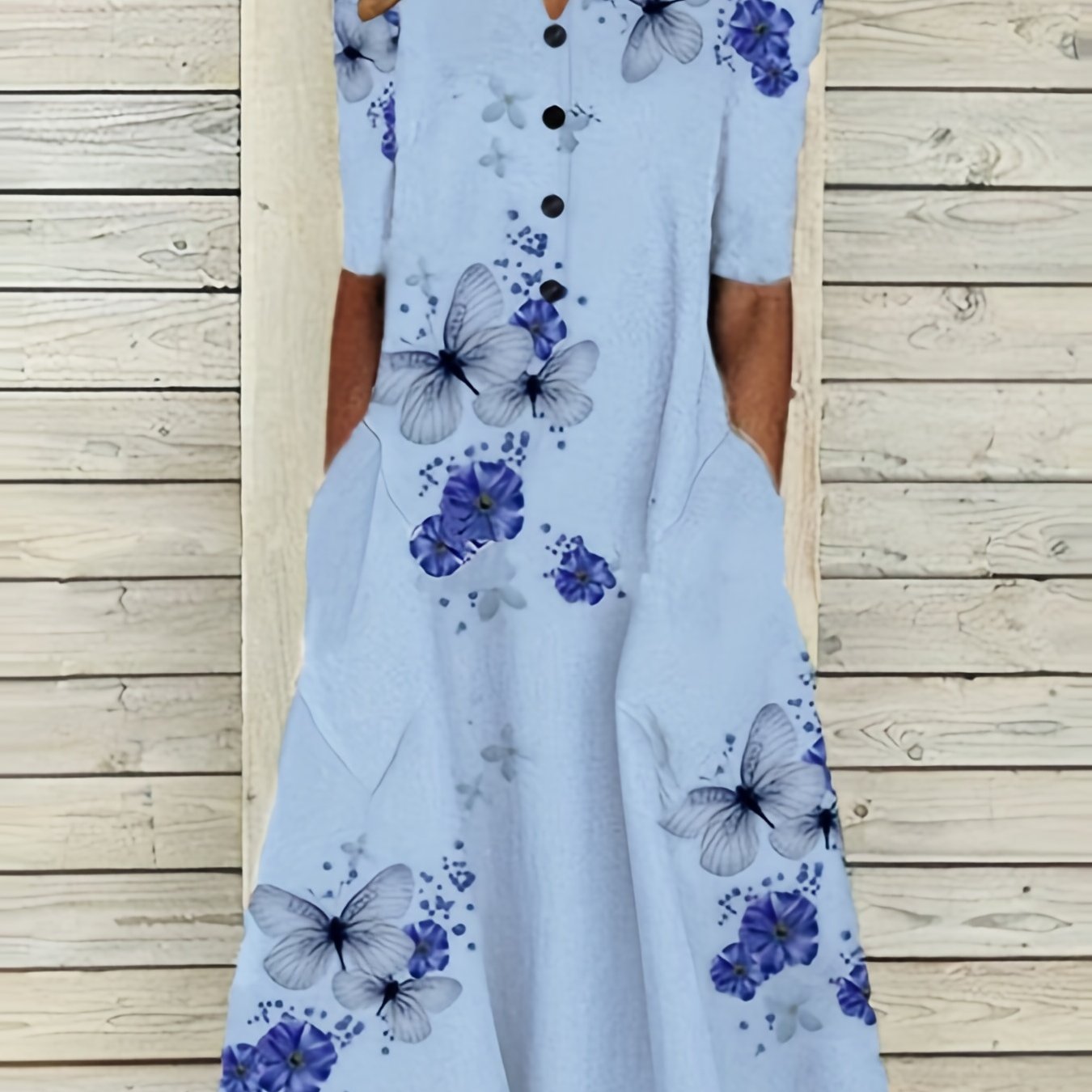 「lovevop」Floral & Butterfly Print V Neck Dress, Casual Button Front Short Sleeve Dress For Spring & Summer, Women's Clothing
