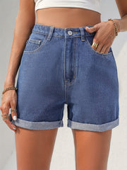「lovevop」Blue Rolled Hem Denim Shorts, Slash Pockets Versatile Short Denim Pants, Women's Denim Jeans & Clothing