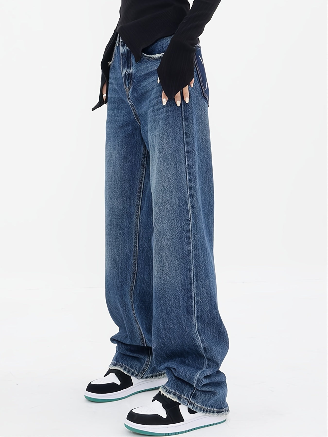 「lovevop」Blue High Waist Straight Jeans, Loose Fit High Rise Slash Pockets Non-Stretch Denim Pants, Women's Denim Jeans & Clothing