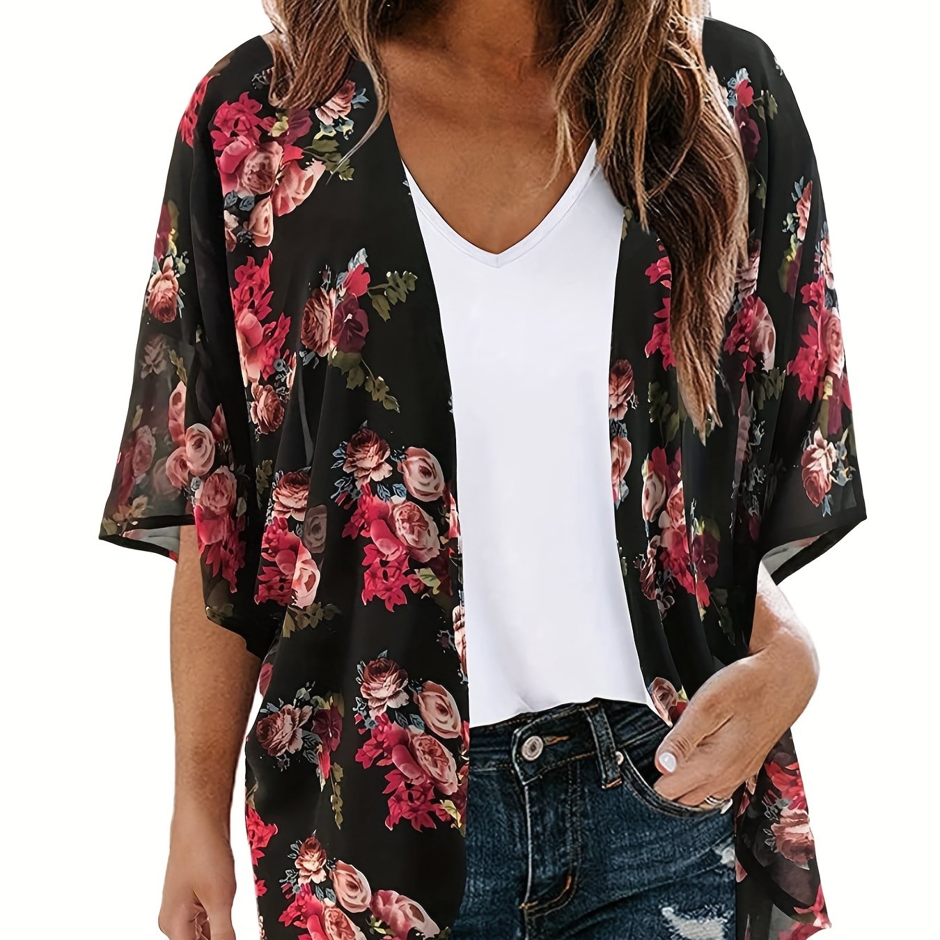 「lovevop」Floral Print Chiffon Blouse, Boho Open Front 3/4 Sleeve Beach Wear Cover Up Blouse, Women's Clothing