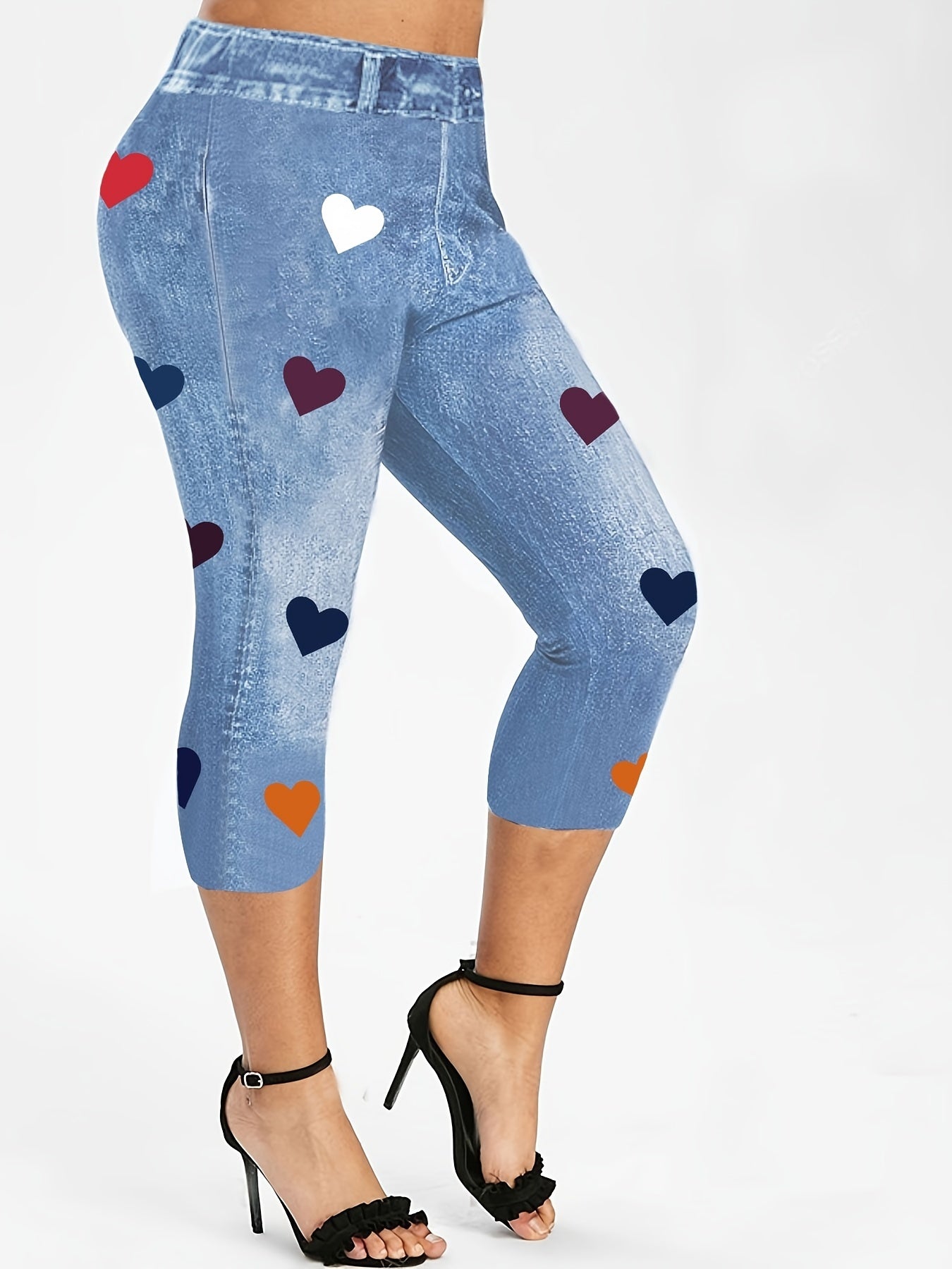 「lovevop」Butterfly & Denim Print Skinny Leggings, Stretchy High Waist Lifting Yoga Leggings, Women's Clothing