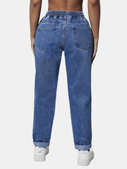 「lovevop」Blue Elastic Waist Straight Jeans, Loose Fit Slash Pockets Drawstring Denim Pants, Women's Denim Jeans & Clothing