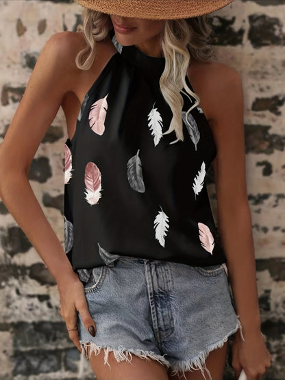 「lovevop」Feather Print Halter Neck Blouse, Elegant Sleeveless Blouse For Summer, Women's Clothing