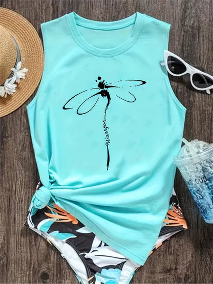 「lovevop」Dragonfly Print Tank Top, Casual Crew Neck Sleeveless Summer Tank Top, Women's Clothing