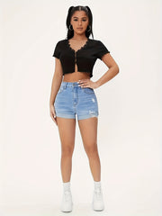 High Waist Stretchable Solid Color Denim Shorts - Ripped Roll Up Hem, Casual Slim Fit, Machine Washable, Summer Fashion Must-Haves with High Elasticity and Comfortable Wear - Womens Summer Essential