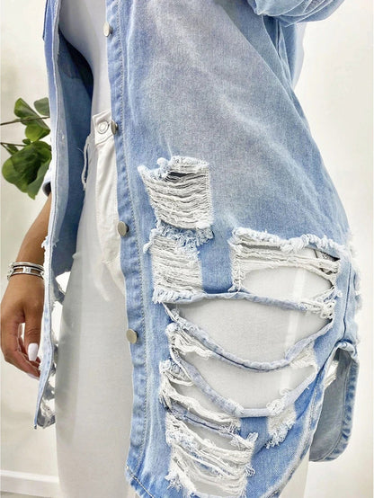 Lovevop-Distressed Denim Jacket, Long Button Up Ripped Jean Jacket Top, Women's Clothing & Outerwear