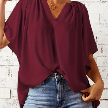 「lovevop」Notched Neck Loose Blouse, Casual Top For Summer & Spring, Women's Clothing