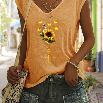 「lovevop」Sunflower Print Tank Top, Sleeveless Casual Top For Spring & Summer, Women's Clothing