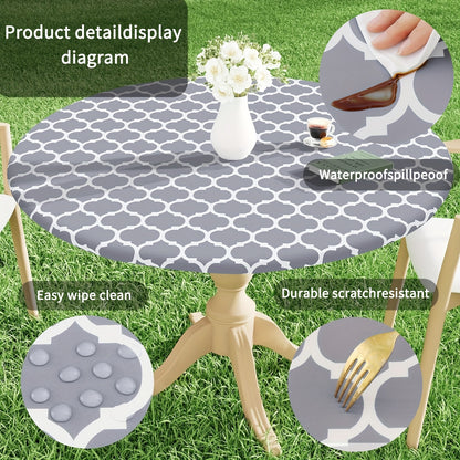 100% Vinyl Round Moroccan Tablecloth with Waterproof Oil-Proof Flannel Backing and Fitted Elasticized Edges for Outdoor, Indoor, Patio, Picnic, Camping Use