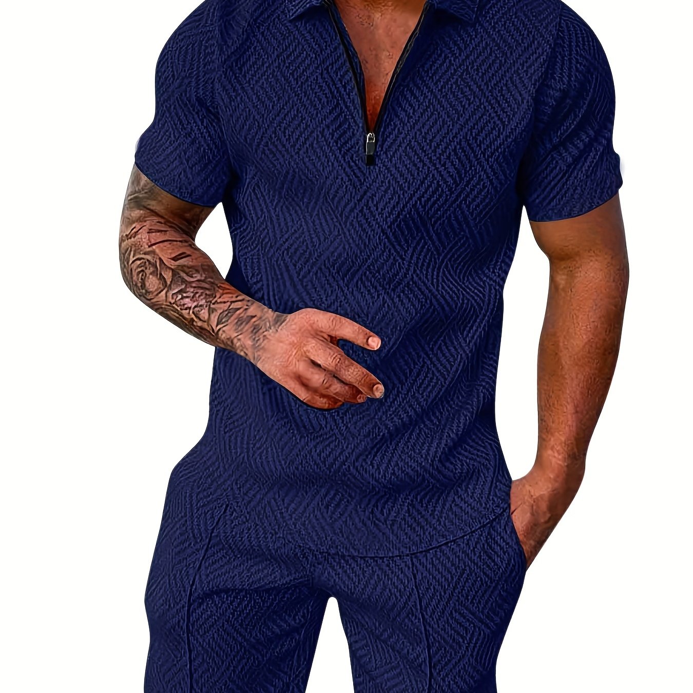 「lovevop」Men's Polyester Thin V-neck Zipper Sweatsuits With V-neck Zipper T-shirt & Shorts Christmas Gifts Best Sellers