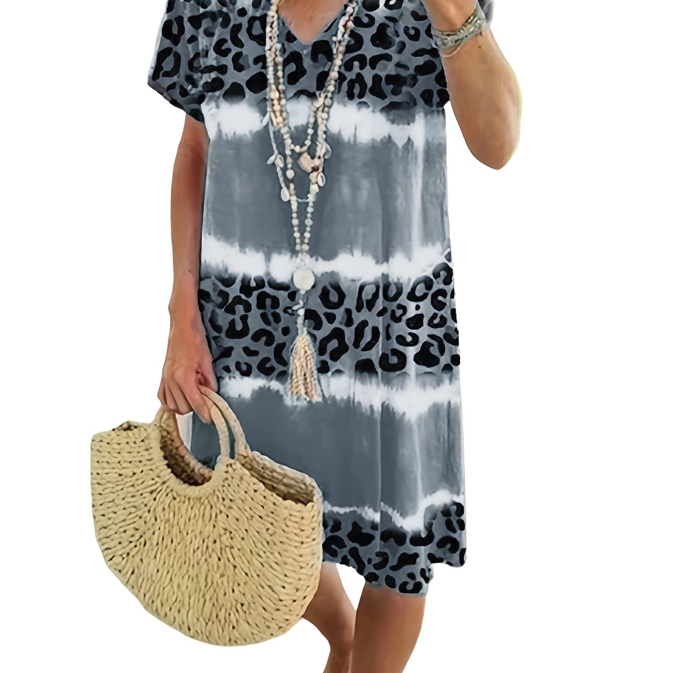 「lovevop」Leopard Print V Neck Dress, Short Sleeve Beach Vacation Casual Dress For Spring & Summer, Women's Clothing