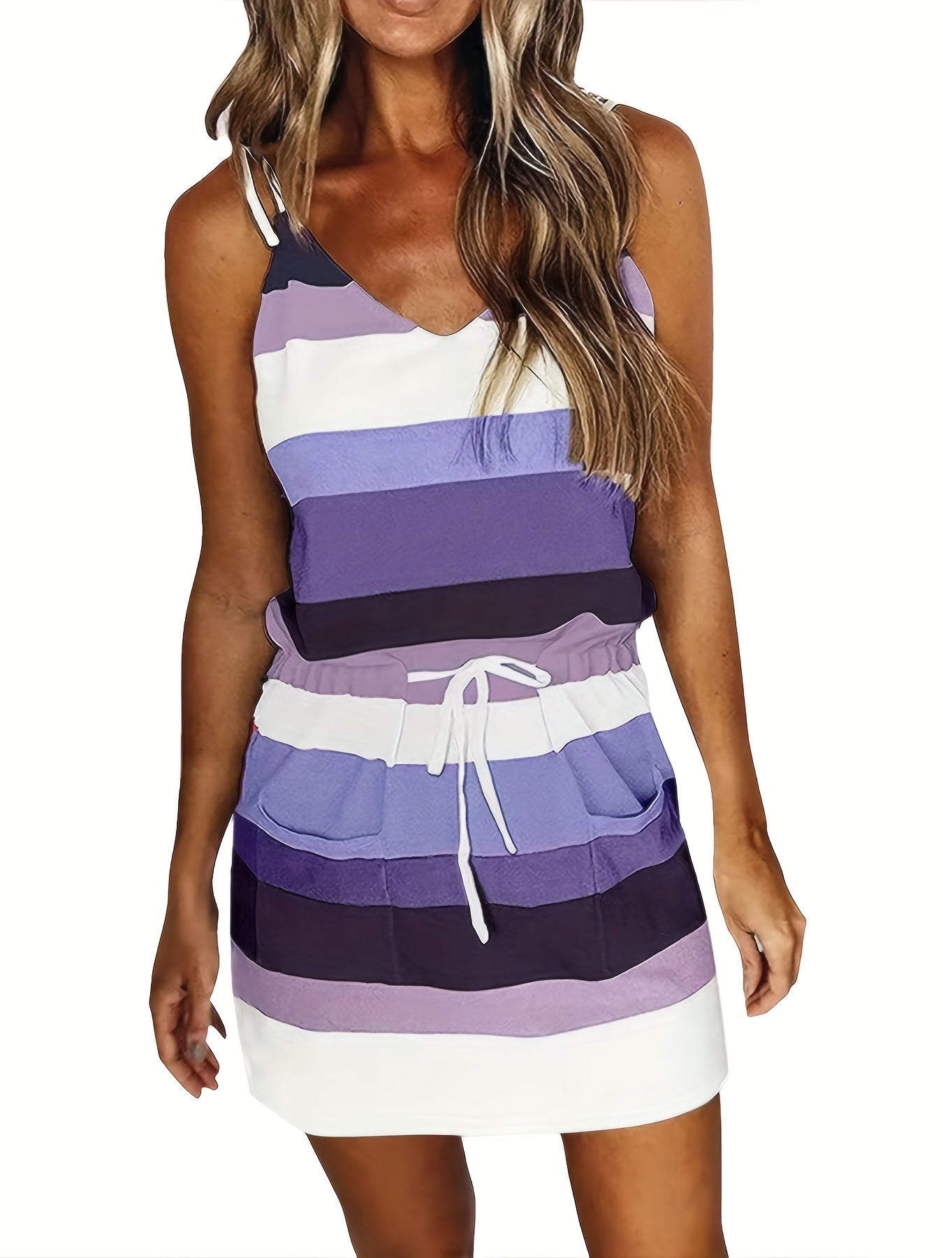 「lovevop」Striped Drawstring Lace Up Dress, Pocket V-neck Sleeveless Dress, Women's Clothing