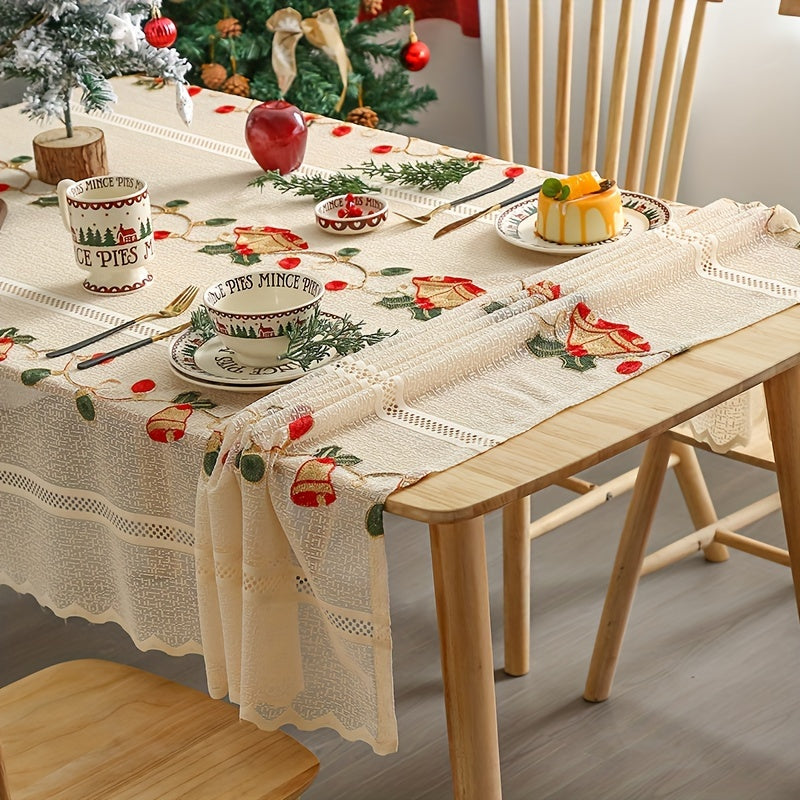 1pc, Polyester Tablecloth, Merry Christmas Table Cover, Red Bell Pattern Table Cover, Hollow Design Christmas Atmospheric Table Decor, Holiday Desktop Decoration Fabric Table Cloth, Home Decoration, Christmas Decor, Gift