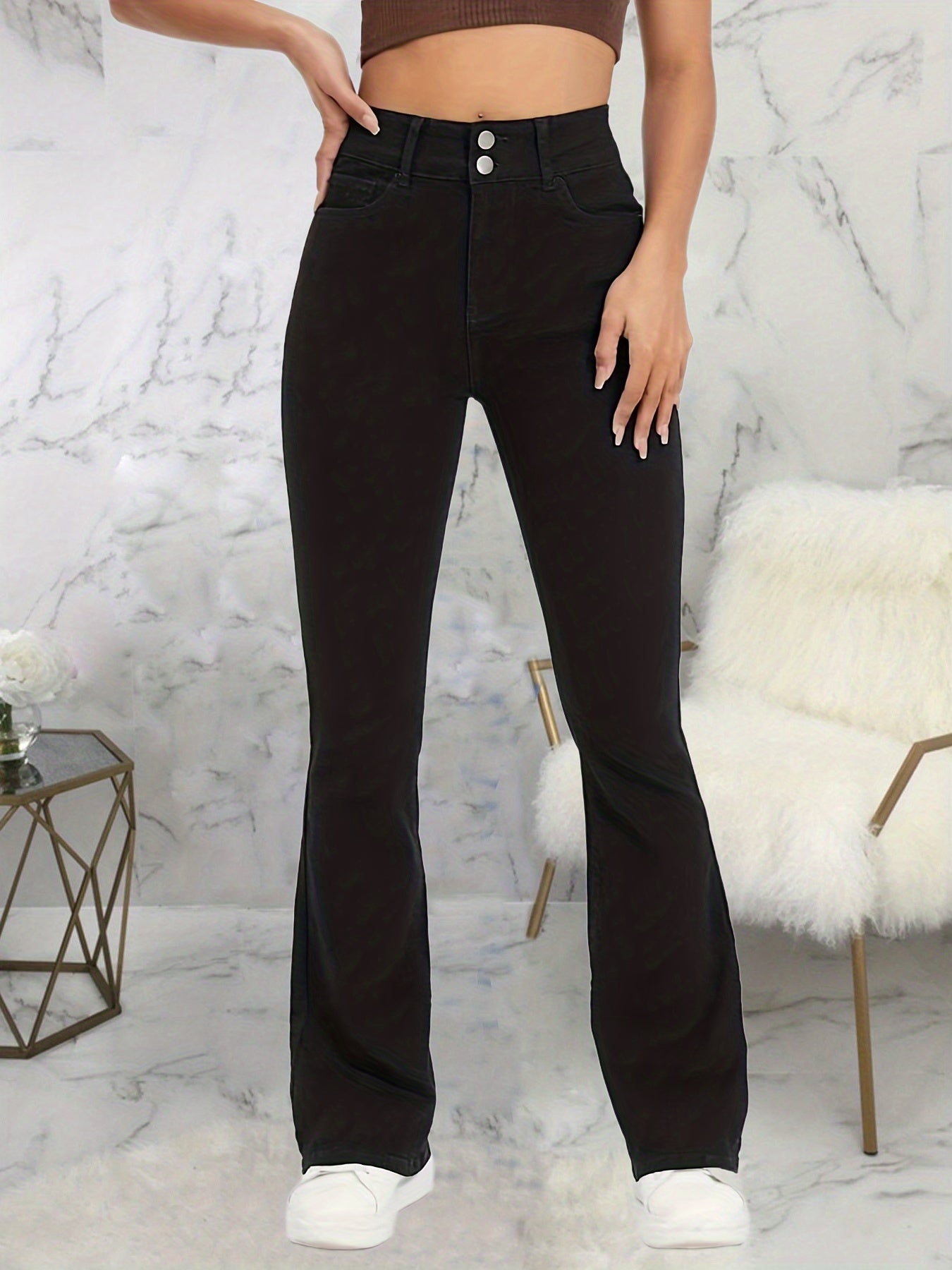 「lovevop」Black Double Button Wide Leg Jeans, High Rise Mid Strech Street Style Flare Denim Pants, Women's Denim Jeans & Clothing