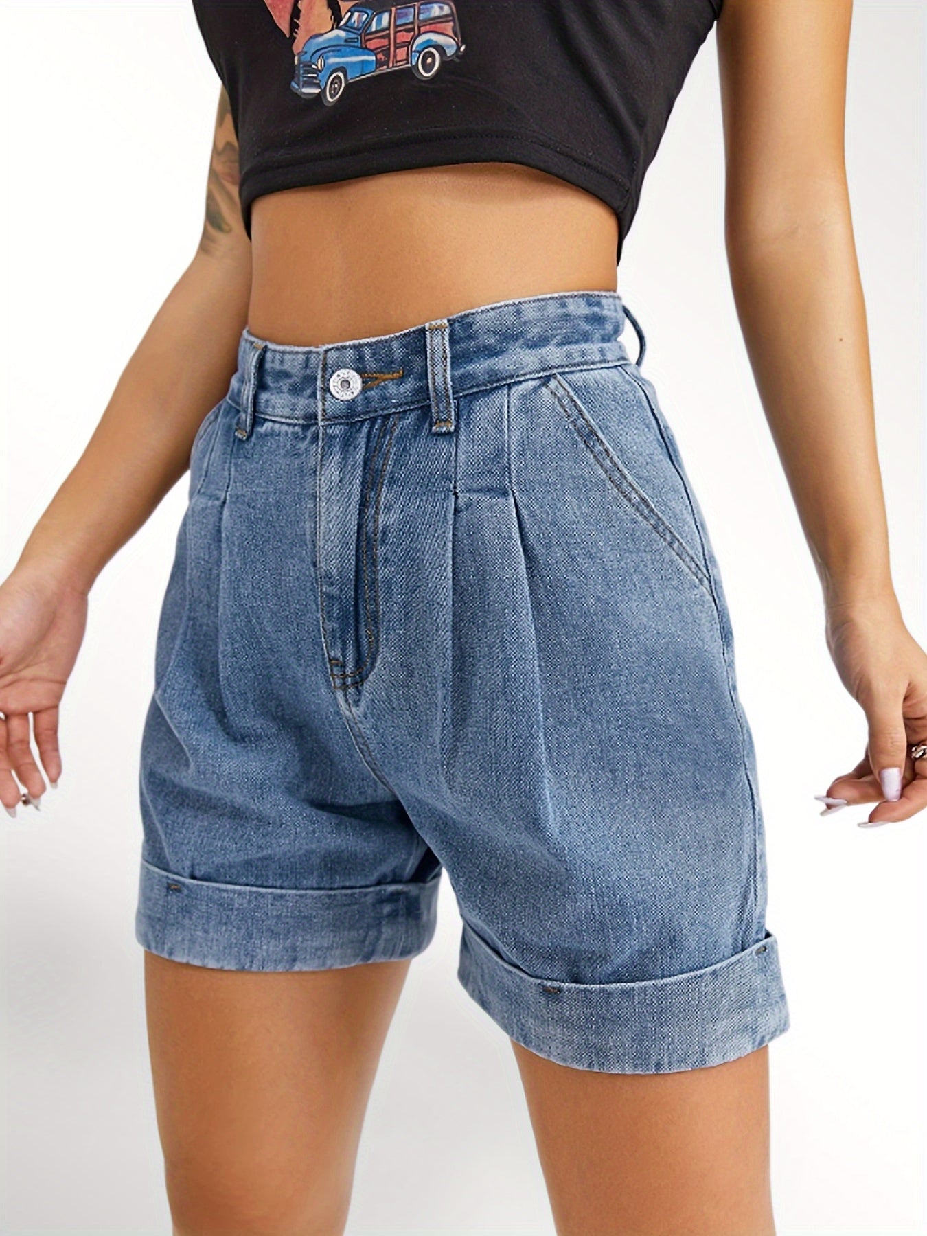 「lovevop」Blue Rolled Hem Short Denim Jeans, A-Lined High Waist Slash Pockets Loose Fit High Rise Short Denim Pants, Women's Denim Jeans & Clothing