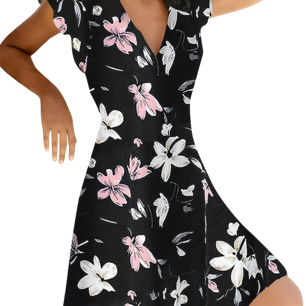 「lovevop」Floral Print V Neck Slim Dress, Short Sleeve Casual Every Day Dress For Fall & Spring, Women's Clothing