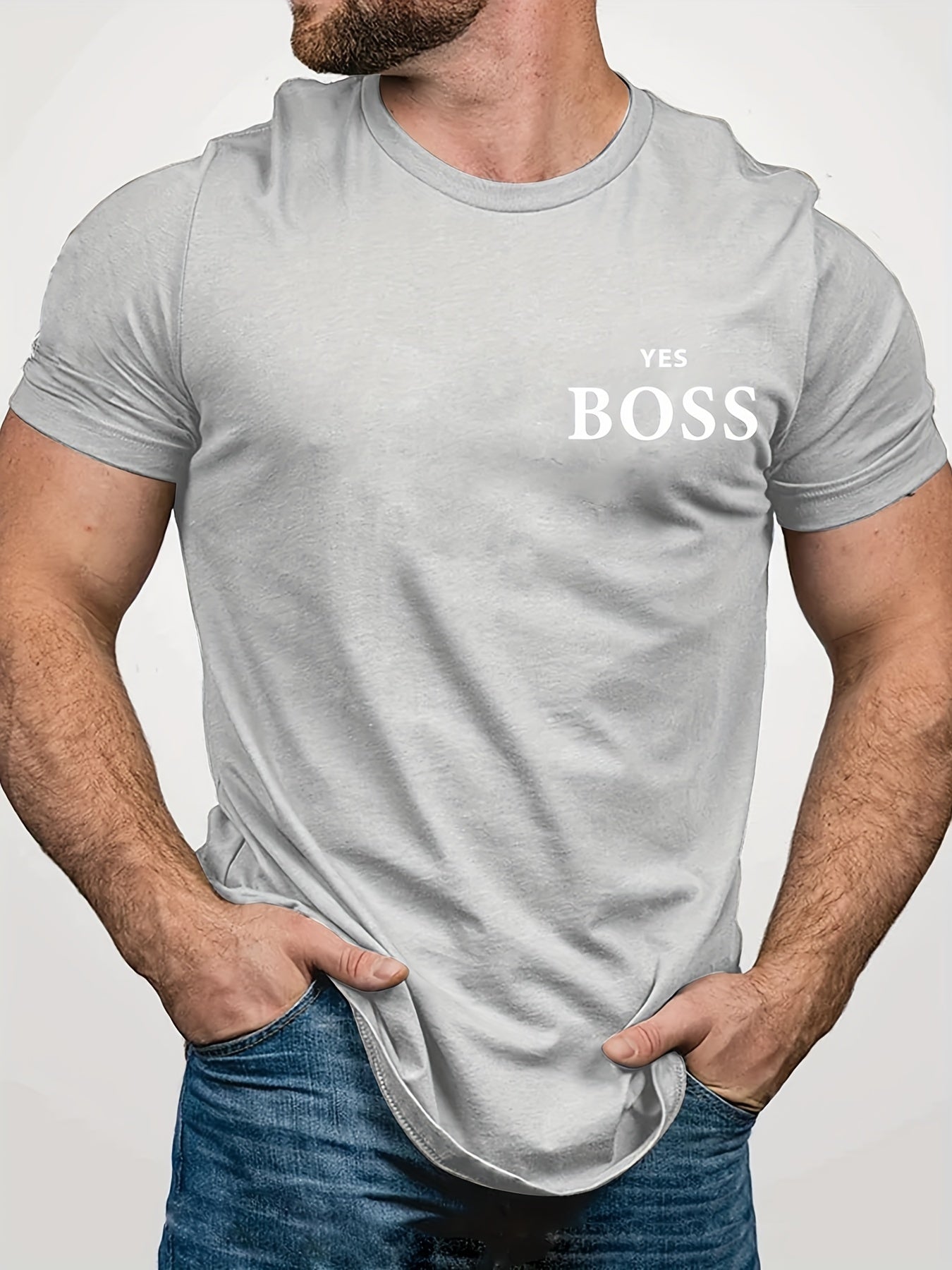 「lovevop」Yes Boss Print Men's Street Crew Neck Slim Fit Short Sleeves T-Shirts For Summer