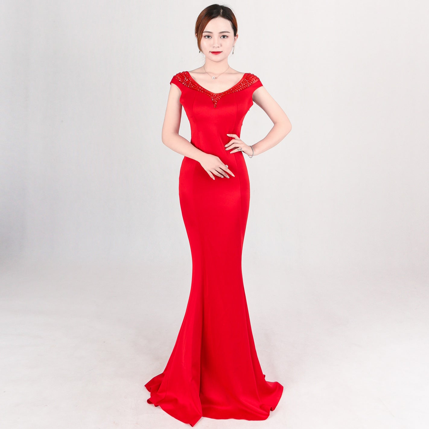 8050 #New pink evening dress, long slim and thin celebrity banquet reception dress, party host dress