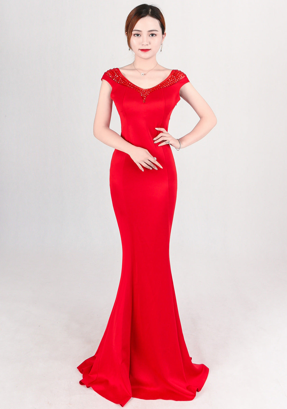 8050 #New pink evening dress, long slim and thin celebrity banquet reception dress, party host dress