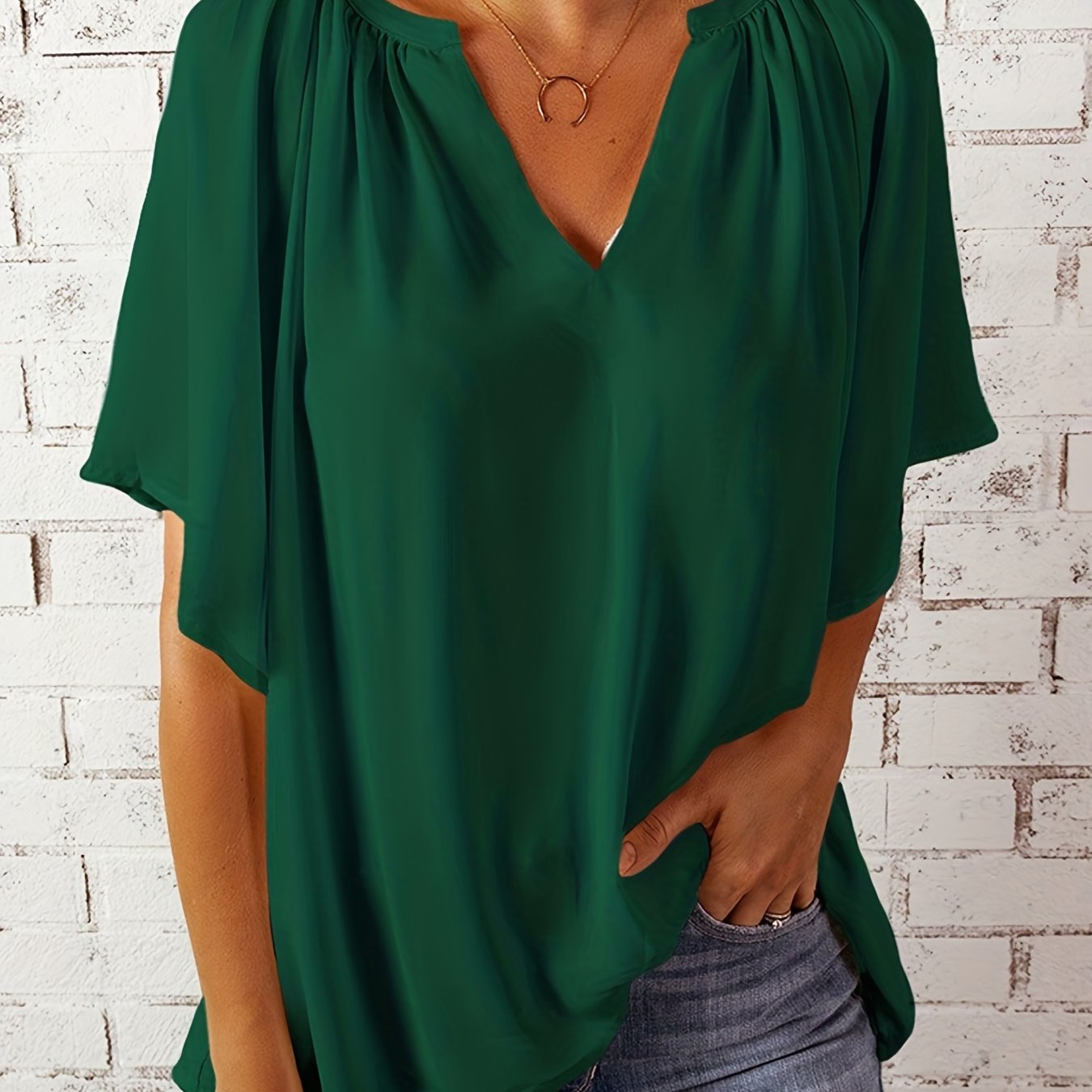 「lovevop」Notched Neck Loose Blouse, Casual Top For Summer & Spring, Women's Clothing