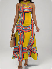 「lovevop」Ethnic Striped Dress, Vintage Sleeveless High Waist Maxi Dress, Women's Clothing