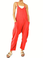 「lovevop」Spaghetti Long Length Pocket Jumpsuit, Casual Sleeveless Loose Zip Back Jumpsuit, Women's Clothing