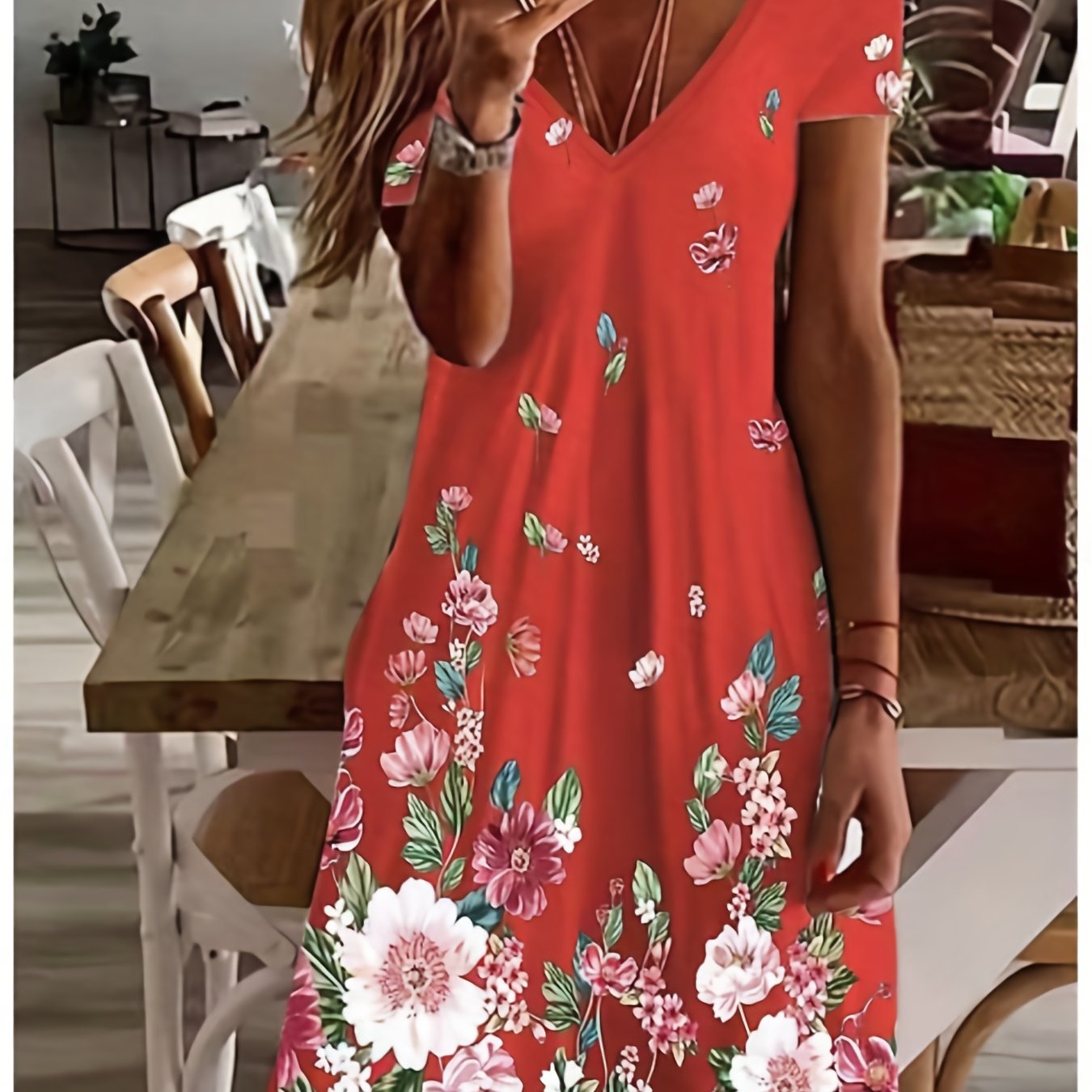 「lovevop」Floral Print Short Sleeve Dress, V Neck Casual Dress For Summer & Spring, Women's Clothing