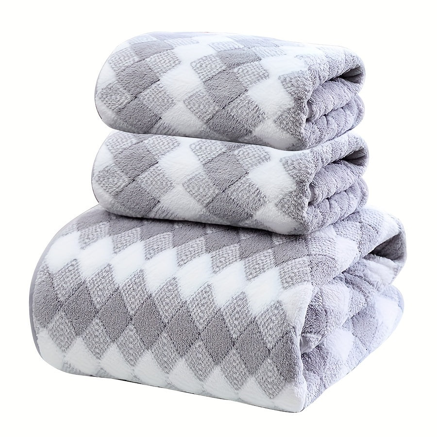 2pcs Towels + 1pc Bath Towel/ 3pcs Plaid Pattern Towel Set, Coral Velvet 2 Hand Towel + 1 Bath Towel, Soft Absorbent Towels For Bathroom, 1 Bath Towel & 2 Hand Towel, Towel Set For Home Bathroom, Bathroom Supplies