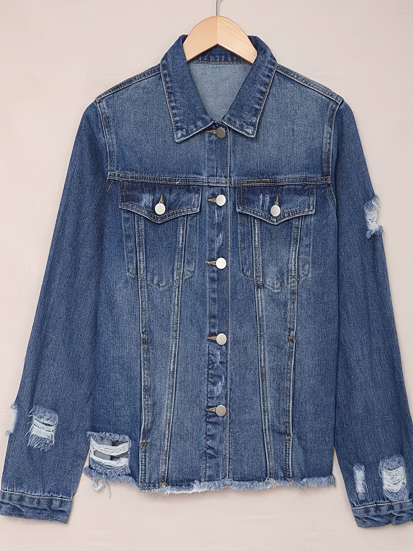 Lovevop-Flap Pockets Raw Hem Ripped Denim Jacket, Long Sleeve Distressed Casual Coats, Women's Denim & Clothing